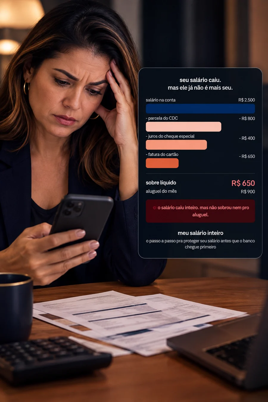 Mulher olhando o celular com a conta do mês: salário de R$ 2.500 consumido por CDC, cheque especial e cartão, sobrando R$ 650 para um aluguel de R$ 900