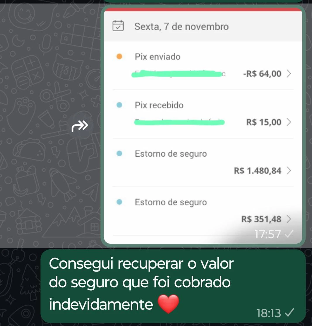 Extrato com dois estornos de seguro: R$ 1.480,84 e R$ 351,48