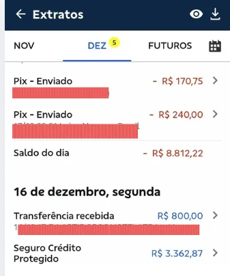 Extrato mostrando Seguro Crédito Protegido de R$ 3.362,87