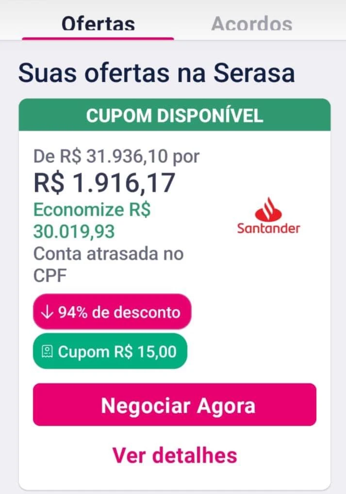 Proposta de negociação com 94% de desconto: de R$ 31.936,10 por R$ 1.916,17